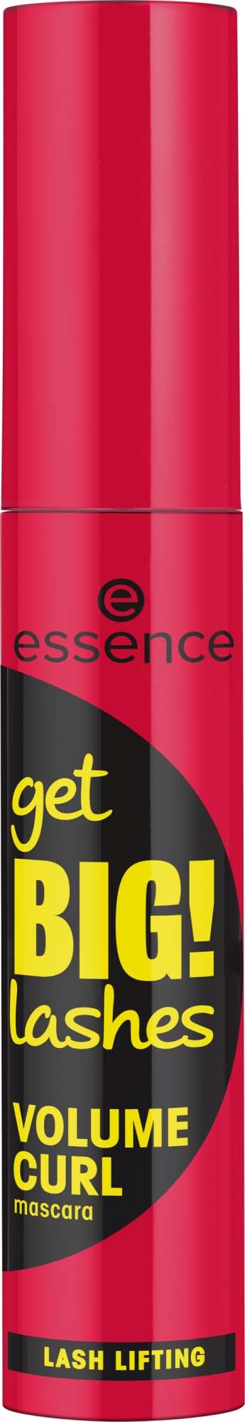 Ett rosa och svart mascara förpackning med orden "get BIG! lashes" och "VOLUME CURL" på.