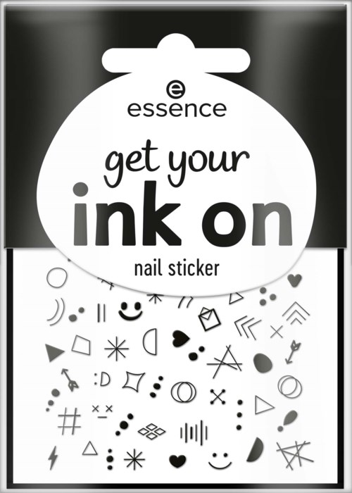 Ett nagelklistermärke pack kallat 'get your ink on' av essence, med olika små symboler och smiley faces.