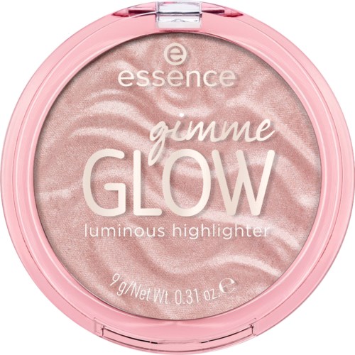 Rosa lock med vågdesign, produktnamn "gimme GLOW" och beskrivning "ljusstark highlighter".