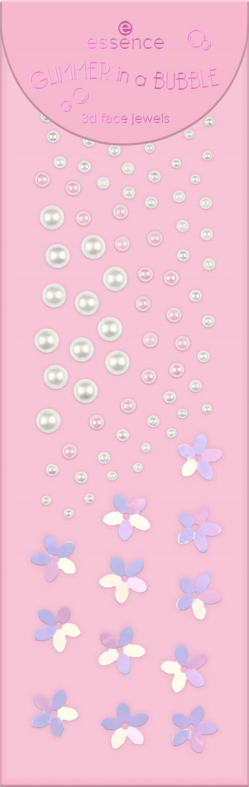 Roze verpakking met witte parelachtige bellen en paarse en witte vlinderdecoraties.