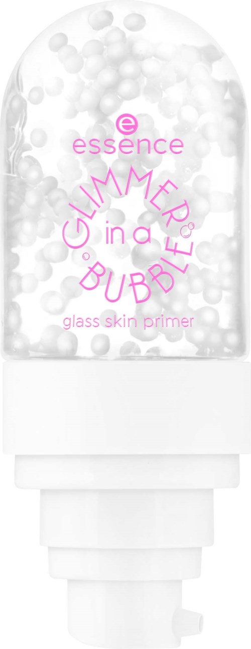 Een heldere fles met bellen, gelabeld essence Gimme in a Bubble glass skin primer, met roze tekst.