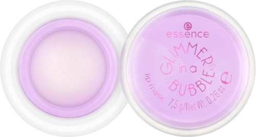 Twee kleine ronde containers met roze en paarse labels, één toont een masker en de ander heeft tekst over een product.