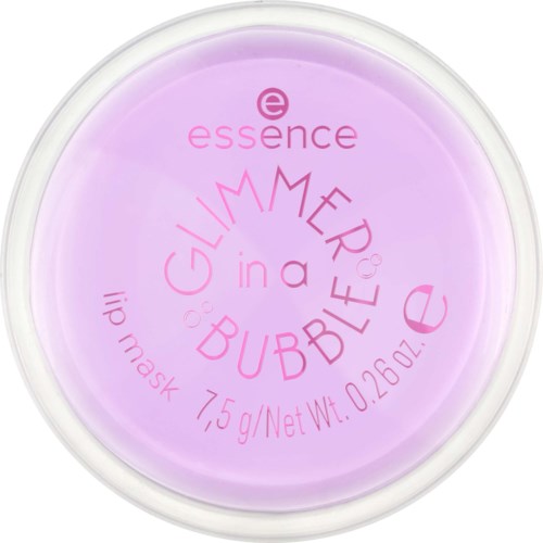 Roze en paarse container met tekst over zomer en glans in een bubbelgezichtsmasker.