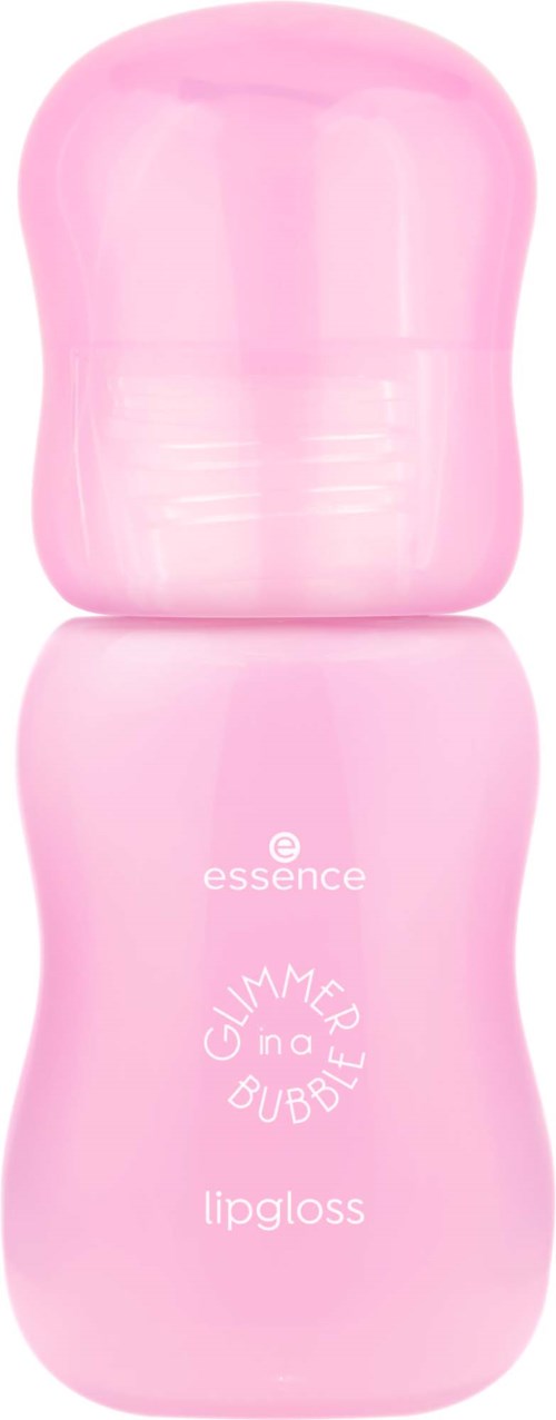 Vaaleanpunainen pullo, jossa pyöristetty yläosa, merkitty essence GlamPore ja Bubble huulilakka.