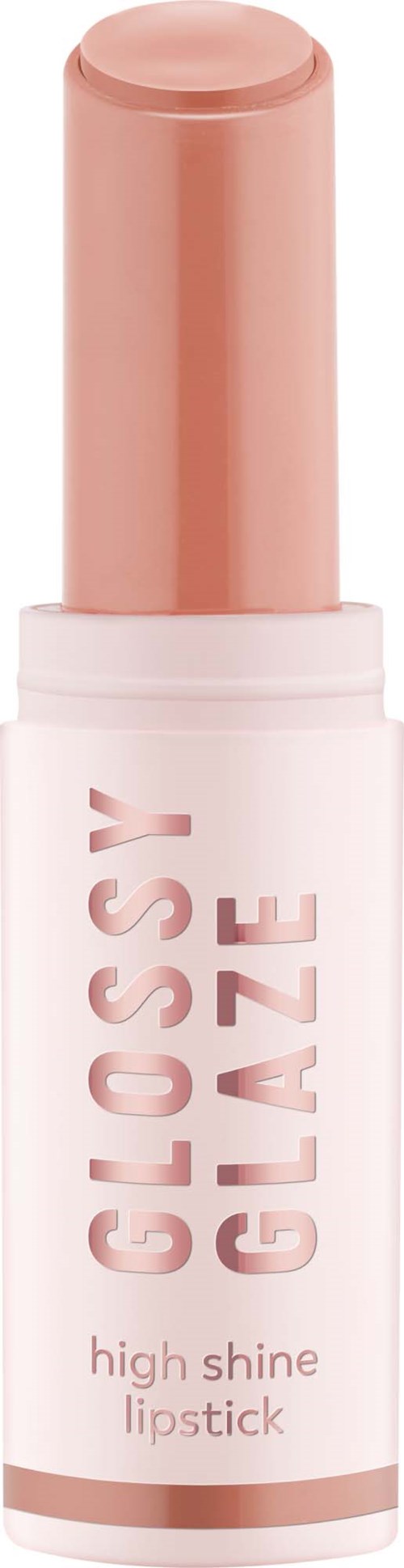 En rosa läppstift i ett vitt rör, märkt 'GLOSSY GLAZE' och 'high shine lipstick'.