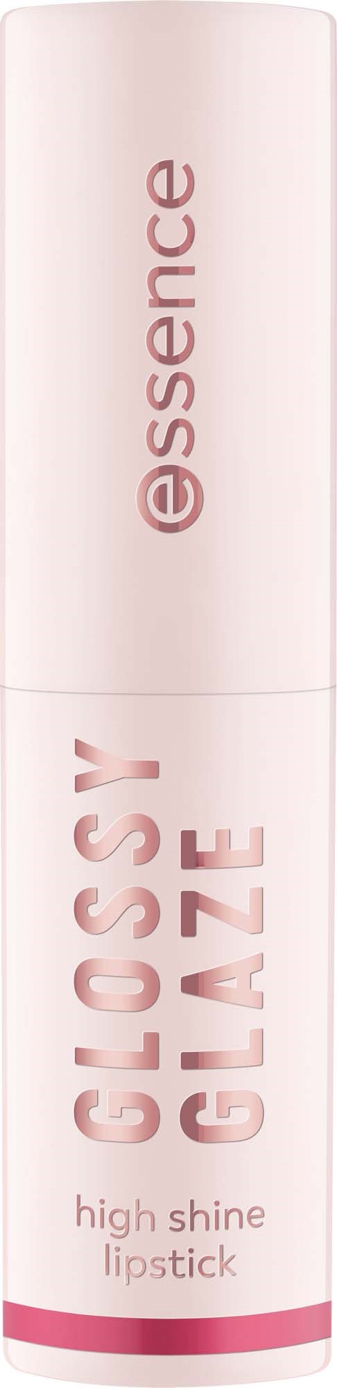 Ein Lippenstift mit rosa Worten: Glossy Glaze, Hochglanz-Lippenstift, auf weißem Hintergrund.