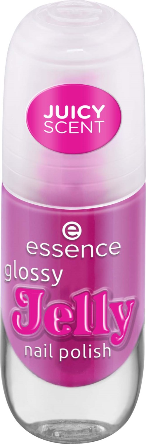 Nagellacksflaska i rosa och vit märkt "Juicy Scent" och "Glossy Jelly."