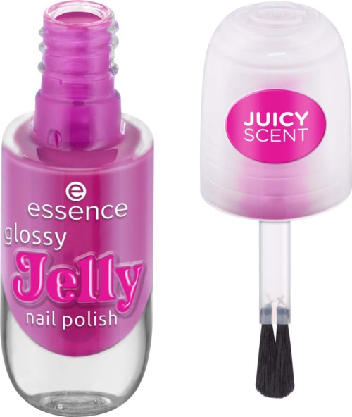 En rosa nagellackflaska märkt 'Jelly' och en nagellackslocka med en borste inuti, märkt 'Juicy Scent.'