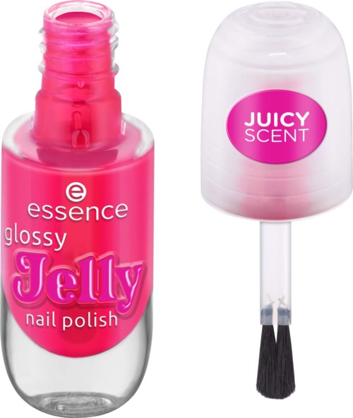 Pink nagellackflaska med etikett och en vit behållare med borste och svarta borst.