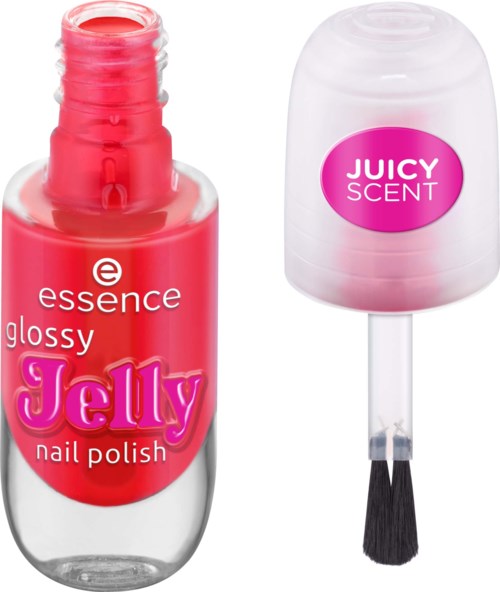En nagellackflaska med rosa färg och en liten pensel, märkt 'Jelly' och 'Juicy Scent'.