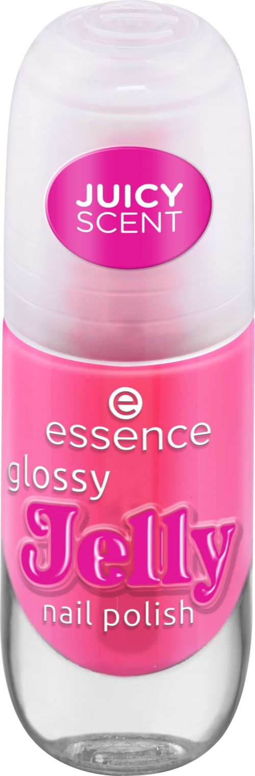 En rosa nagellacksflaska märkt 'Juicy Scent' och 'Glossy Jelly', med vit kork.