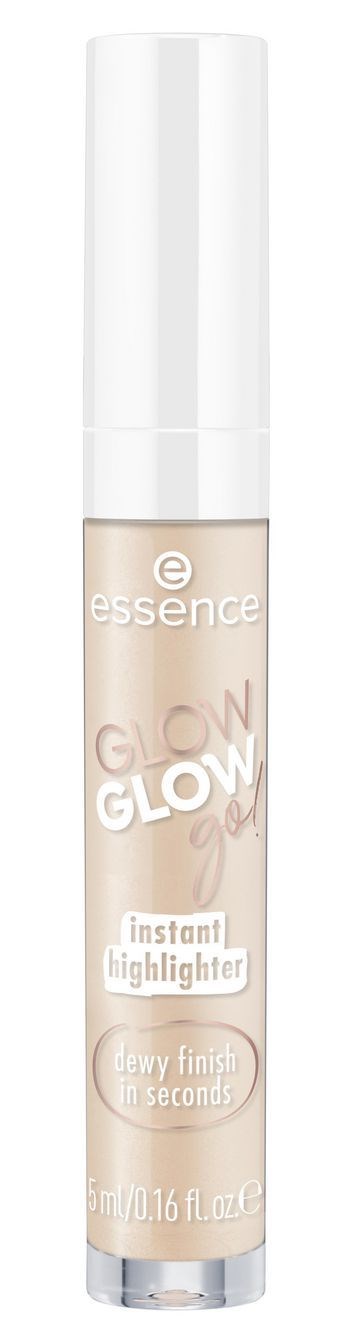 Butelka Essence Glow Glow instant highlighter z białą nakrętką i beżową cieczą.