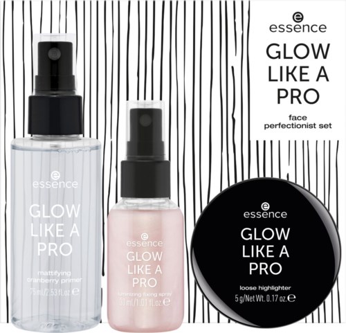 Tre hudvårdsprodukter märkt "Glow Like a Pro" från Essence visas, inklusive en primer, spray och highlighter.
