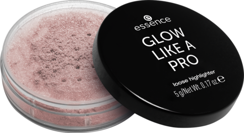 En rund behållare med rosa pulver och ett svart lock som säger 'Glow Like a Pro'.