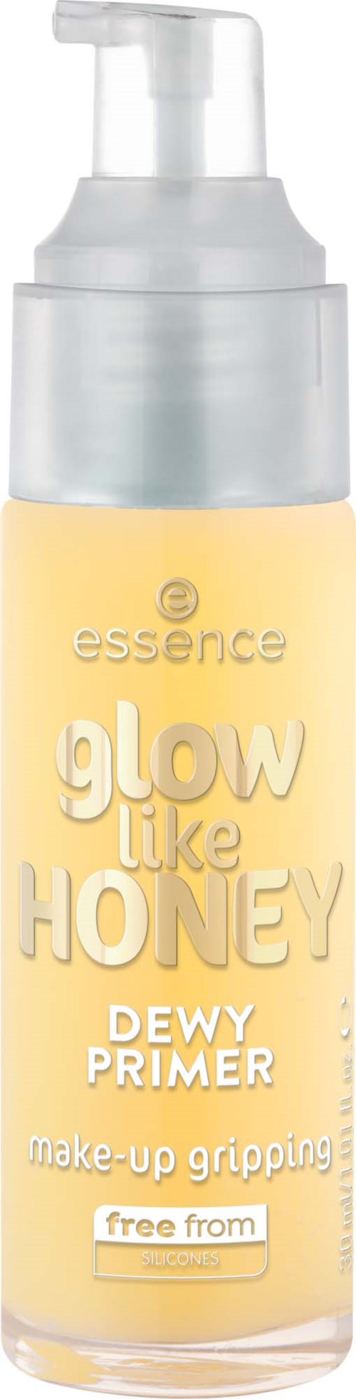 En lille flaske med pumpe, mærket essence glow like honey dew primer, hjælper makeup med at holde.