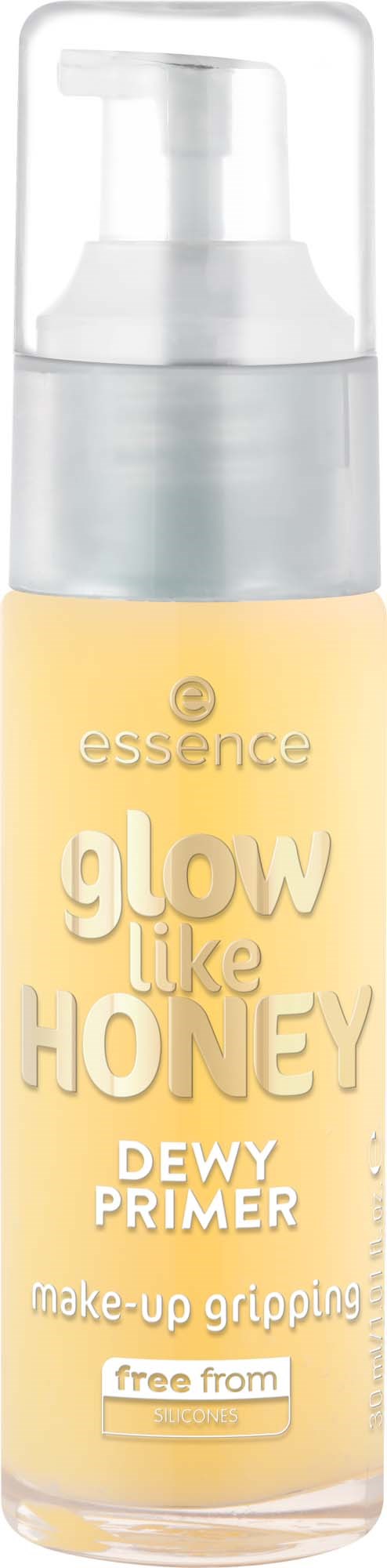 En gul flaske med hvid pumpe mærket essence glow like honey dew primer til make-up gripping.