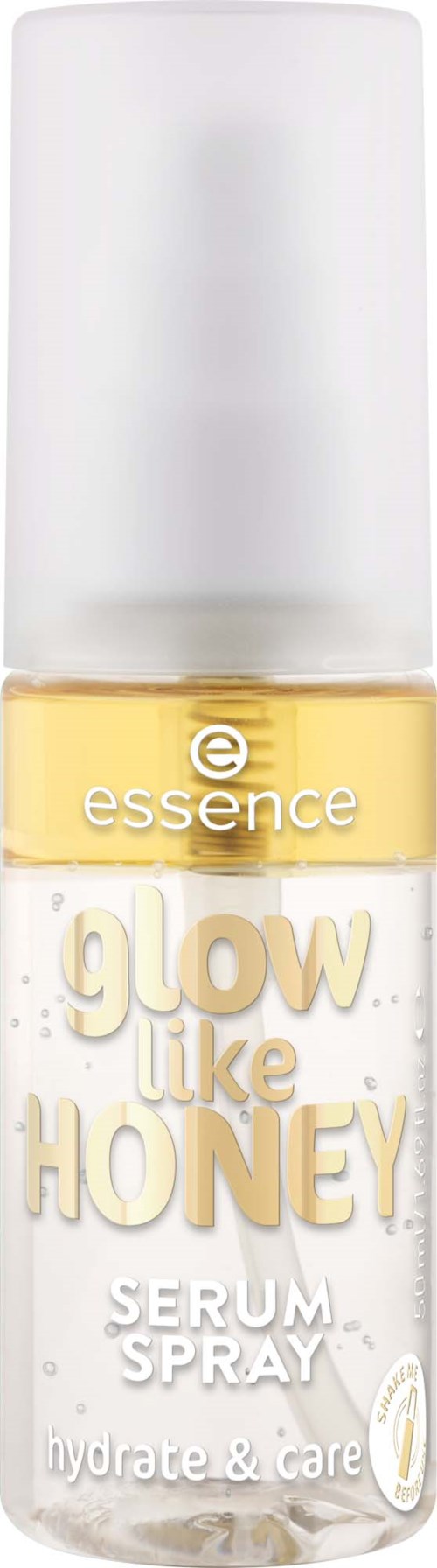 En liten serum sprayflaska som heter glow like honey, med pump, gul etikett och vit bakgrund.