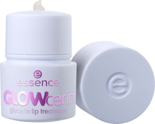 En liten vit burk med lock, märkt essence glowcerin glycerin lip treatment, visar två produkter vid sidan av varandra.