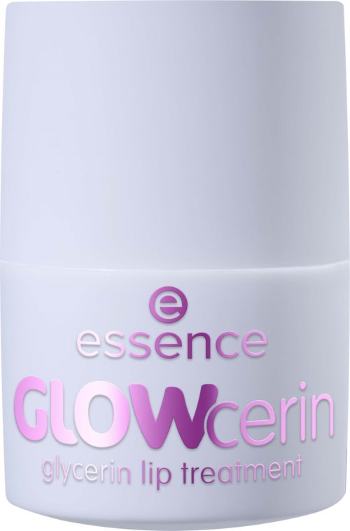 En vit behållare med rosa och lila text för essence GLOWgerin glycerin lip treatment.