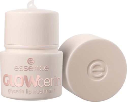 En liten vit burk med lock och ett runt stift, märkt glow cerin glycerin lip treatment, av essence.