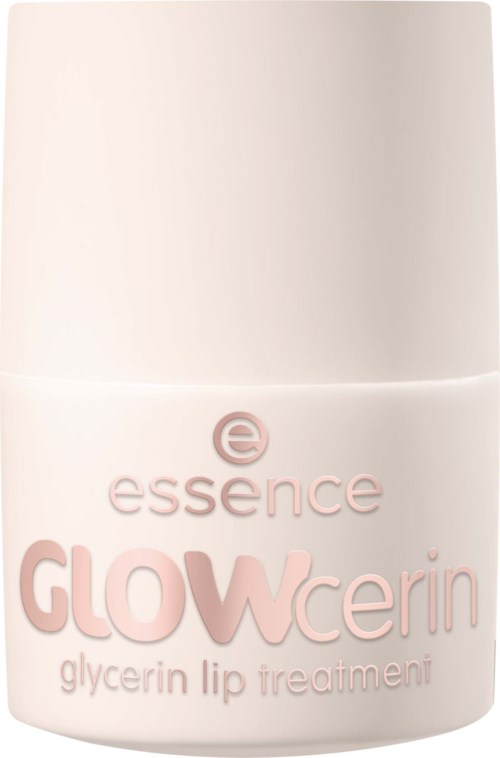 En liten vit burk med rosa text visar GLOWcerin glycerin läppbehandling från essence.