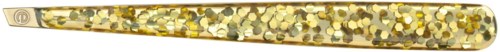 Ein goldene Haarnadel mit funkelnden Gold- und Silbersteinchen entlang.
