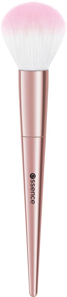 En makeupborste med en rosa och vit fluffig topp och ett glänsande metalliskt rosa handtag.