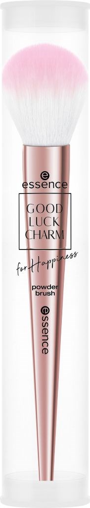 En makeupborste med rosa och vitt färg, med tydligt skydd, märkt 'Good Luck Charm' och 'essence'.