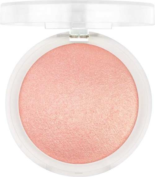 Een ronde, roze-beige schoonheidsproductverpakking, mogelijk blush of oogschaduw, met doorzichtige deksel en wat shimmer.