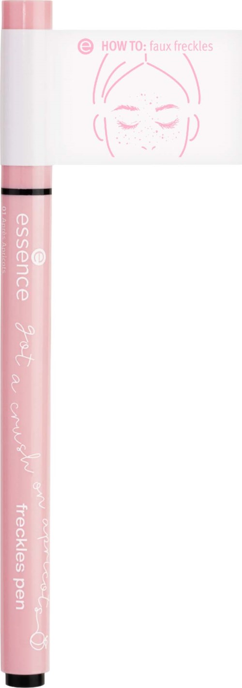 Pink pen labeled 'essence' for freckles, with tips and instructions for applying. Includes a face skincare illustration.