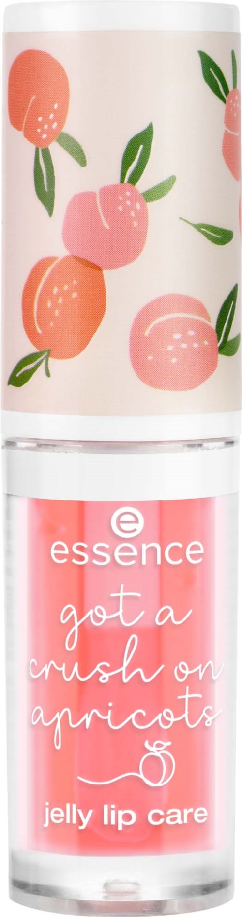A lip care tube with a pink label and white script, featuring illustrations of peaches and leaves.