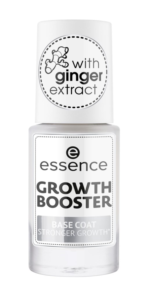 En vit flaska med pumpkork märkt 'essence GROWTH BOOSTER' och nämner ingefäraextrakt inuti.