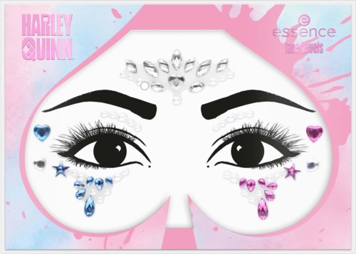 Illustration von Augen mit Make-up, geschmückt mit bunten Edelsteinen und Symbolen, auf pinkem Hintergrund.
