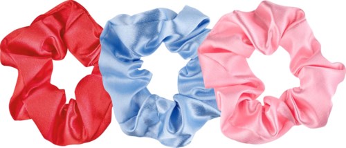 Tre hårringar av tyg i rött, blått och rosa är placerade bredvid varandra.