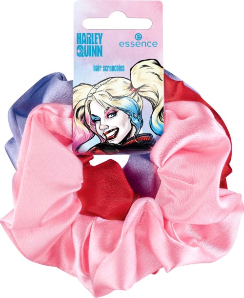 Färgglada hårsnoddar med tecknade Harley Quinn på förpackningen, främst rosa, lila och rött.