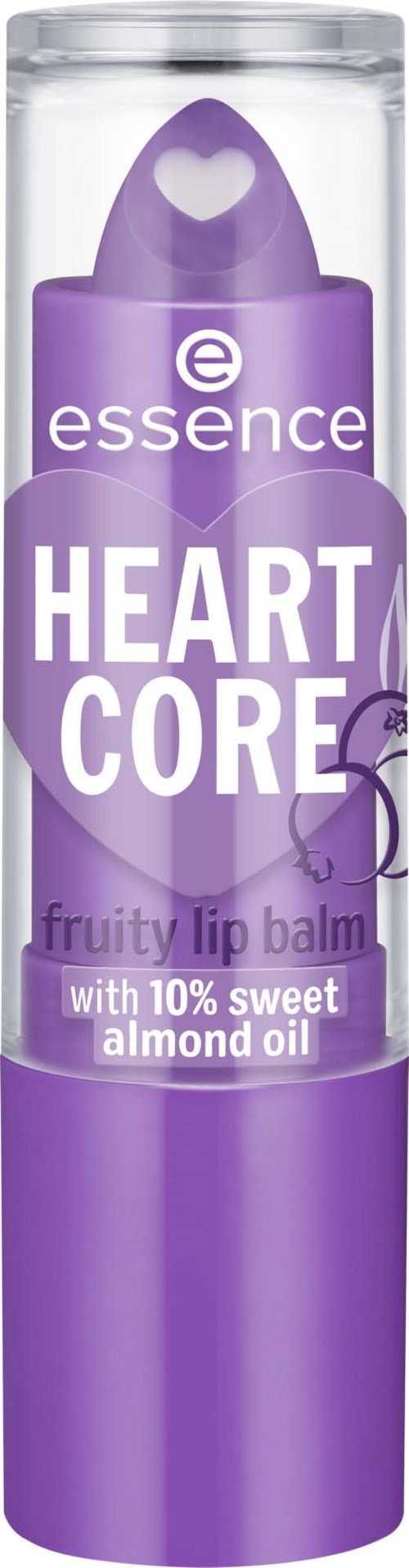 Balsam do ust w fioletowej tubce z napisem "heart core" i składnikami takimi jak olej migdałowy i słodki zapach.