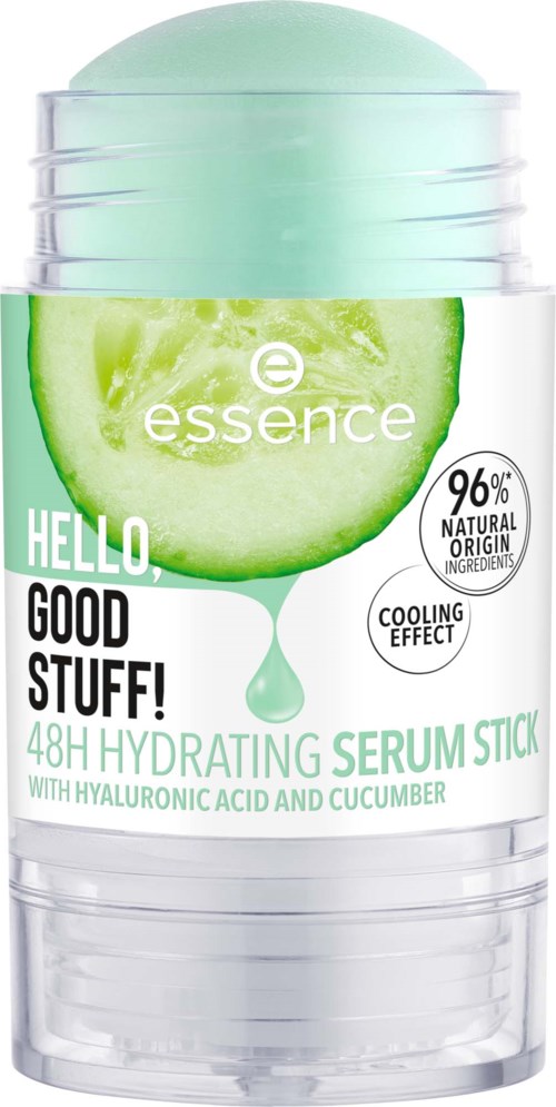 A skincare product in a stick form, with cucumber and water images, claims to hydrate for 48 hours.