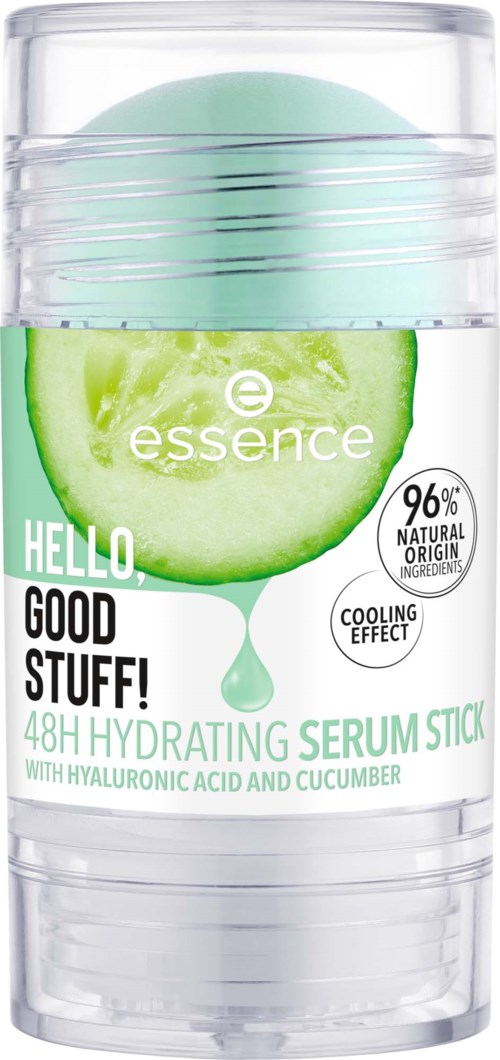 A clear container with a label showing a cucumber slice, promoting a hydrating serum stick with cooling effect and natural ingredients.