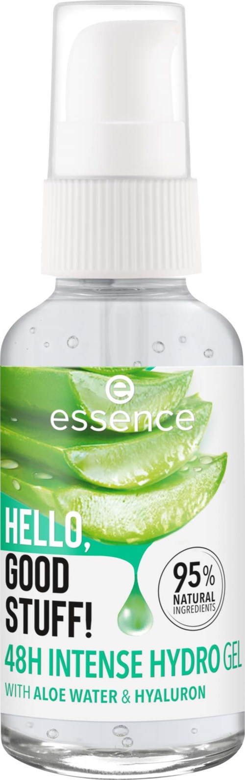 En liten klar sprayflaske med etikett som viser aloe og hyaluronsyre, som påstår 48 timers fuktighet og 95% naturlige ingredienser.