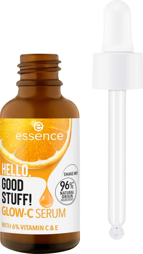 En liten brun flaska märkt essence Hello Good Stuff Glow-C Serum med en pipett på toppen.