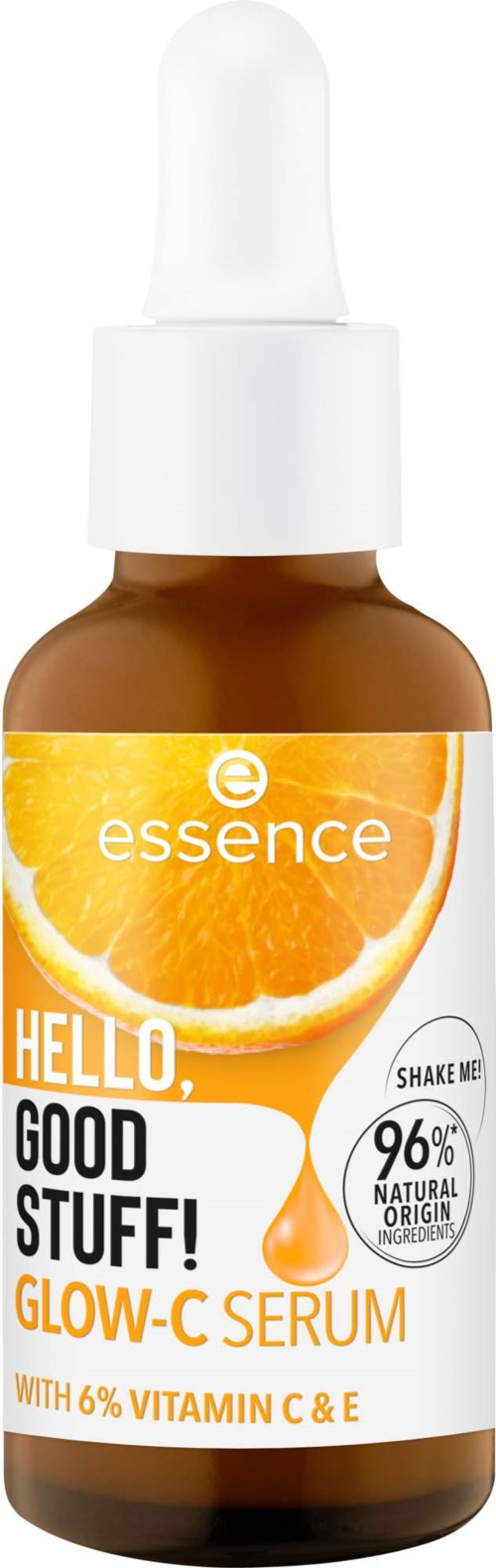 En liten brunt flaska med pipett och vit etikett som visar en apelsin. Det är ett glow-C serum med vitamin C och E.
