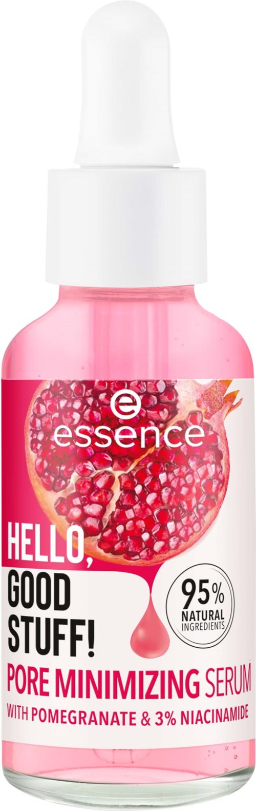 Rosa flaska med pipett, granatäpplebild och text om poreminskande serum med naturliga ingredienser.