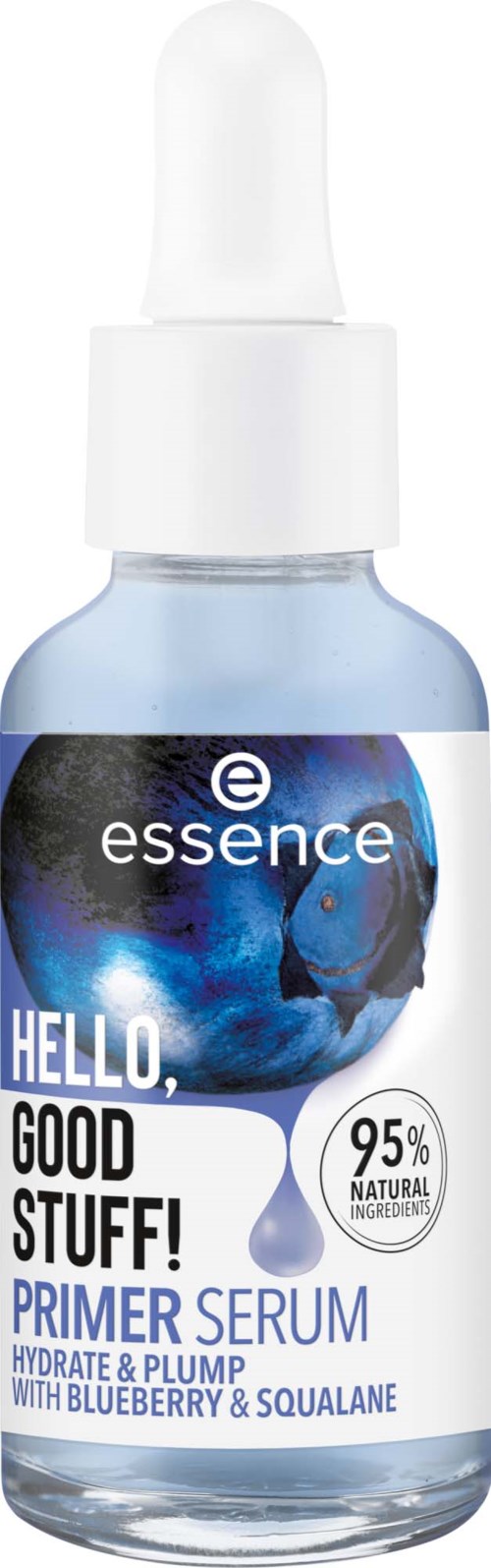 A small glass bottle with a dropper, labeled as essence primer serum with blue and white colors and a blue fruit image.
