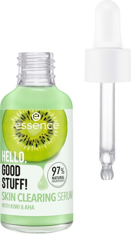 A small green bottle of skin serum with a dropper, labeled as Essence Hello Good Stuff Skin Clearing Serum.