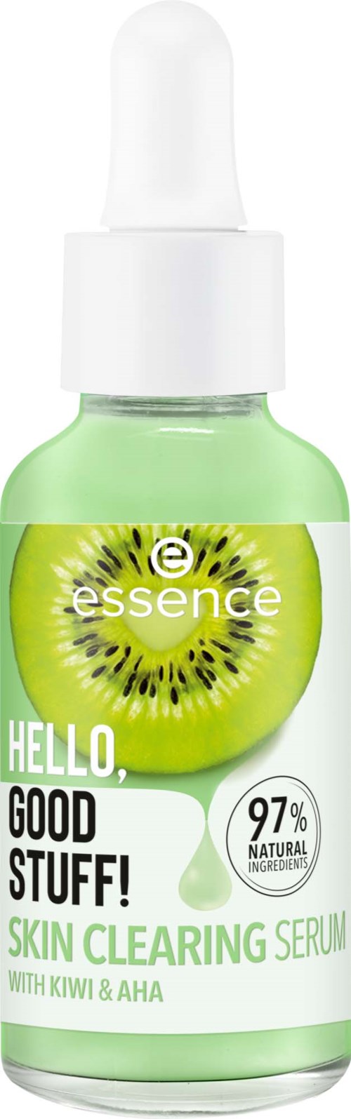 A green serum bottle with a dropper, labeled as skin clearing with kiwi and AHA, and a 97% natural ingredients badge.