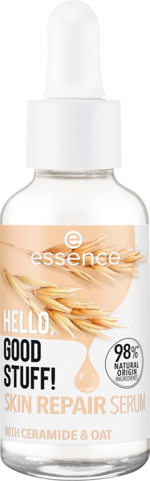Eine Hautpflegeserumflasche mit Pipette, beschriftet 'Hello Good Stuff! Skin Repair Serum,' enthält 98 % natürliche Inhaltsstoffe, Ceramid und Hafer.