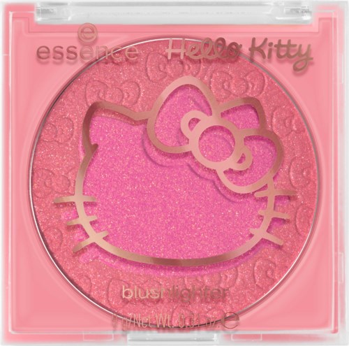 En rosa blush med en Hello Kitty-hodesilhouette og sløyfe, inni en gjennomsiktig rosa eske. Bakgrunnen har detaljerte mønstre.