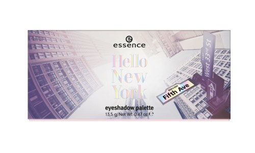 En färgglad ögonskuggspalettbox säger "Hello New York." Den har bilder av stadssilhuetter och gatukartor, med märket essence.