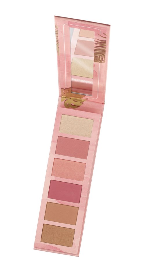 En lyserød makeup-palette med syv nuancer og et spejl i låget.