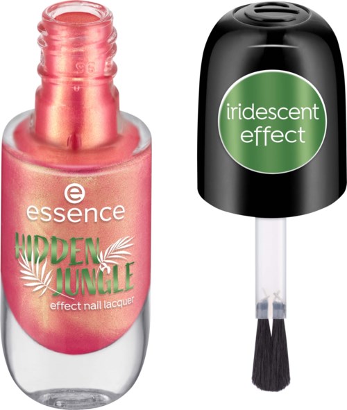 A pink nail polish bottle labeled 'Hidden Jungle' and a black nail polish top with 'iridescent effect' written on it.